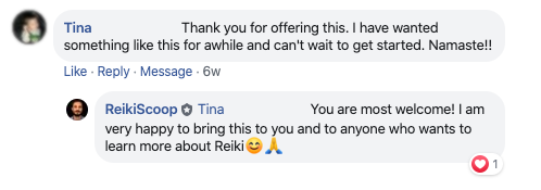 reiki refresher course testimonial from Tina