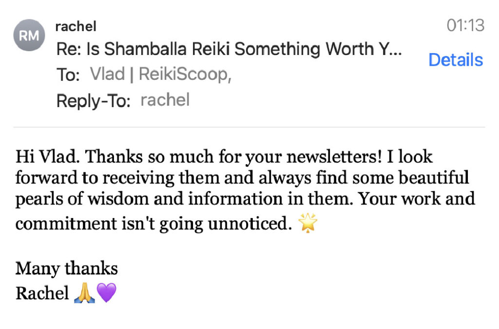 Rachel mcd Reiki Newsletter Testimonial